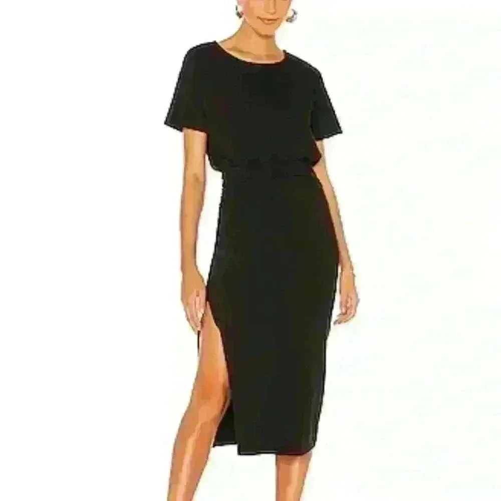 Revolve Lovers And Friends Size Xxs Easy Ruched Midi Dress Side Slit Black